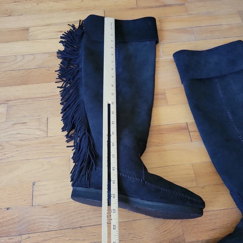 Minnetonka Over The Knee Fringed Suede Boots 8 Black Boho Cowgirl Hippie Western